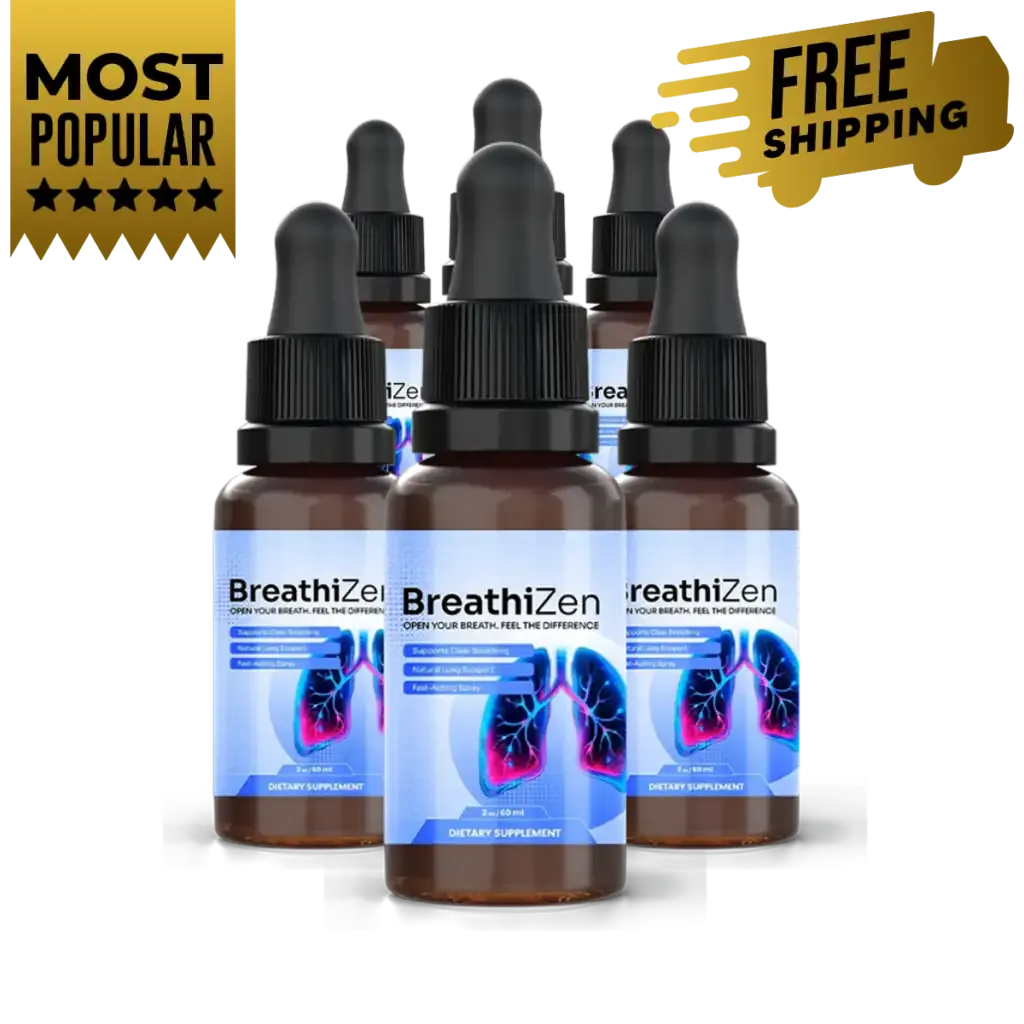 Six-bottle pack of BreathiZen liquid botanical breathing-support formula