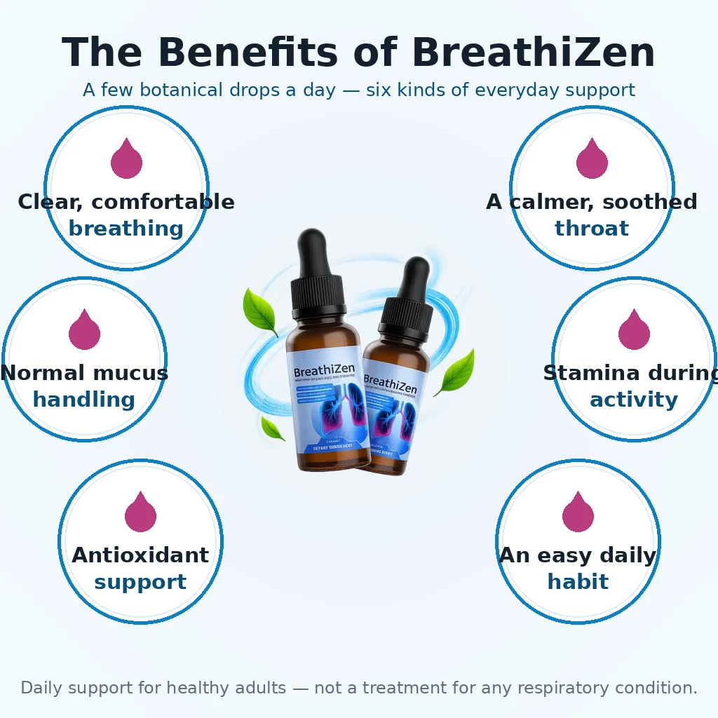 The benefits of BreathiZen: comfortable breathing, soothed throat, mucus handling, stamina, antioxidant support, easy daily habit